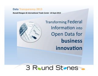 Transforming	
  Federal	
  
Informa1on	
  into	
  
Open	
  Data	
  for	
  
business	
  
innova*on	
  
Data	
  Transparency	
  2013	
  
Ronald	
  Reagan	
  &	
  Interna.onal	
  Trade	
  Center	
  	
  10-­‐Sept-­‐2013	
  
 
