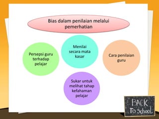 Bias dalam penilaian melalui
                  pemerhatian


                     Menilai
                   secara mata
Persepsi guru                        Cara penilaian
                      kasar
  terhadap                                guru
   pelajar


                    Sukar untuk
                   melihat tahap
                    kefahaman
                      pelajar
 