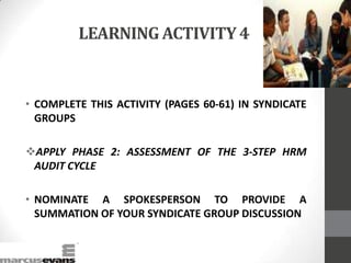 LEARNING ACTIVITY 4
• COMPLETE THIS ACTIVITY (PAGES 60-61) IN SYNDICATE
GROUPS
APPLY PHASE 2: ASSESSMENT OF THE 3-STEP HRM
AUDIT CYCLE
• NOMINATE A SPOKESPERSON TO PROVIDE A
SUMMATION OF YOUR SYNDICATE GROUP DISCUSSION
 