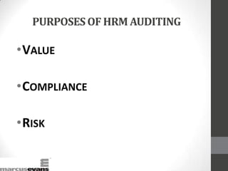 PURPOSES OF HRM AUDITING
•VALUE
•COMPLIANCE
•RISK
 