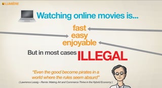 LUMIERE

Watching online movies is...
fast
easy
enjoyable
But in most cases

ILLEGAL

“Even the good become pirates in a
world where the rules seem absurd”

 