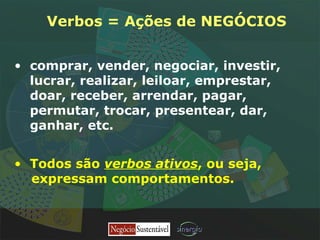 Verbos = Ações de NEGÓCIOS comprar, vender, negociar, investir, lucrar, realizar, leiloar, emprestar, doar, receber, arrendar, pagar, permutar, trocar, presentear, dar, ganhar, etc.  Todos são  verbos ativos , ou seja,  expressam comportamentos. 