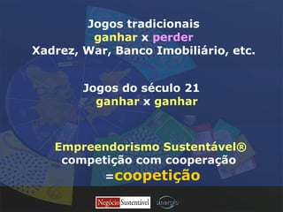 Jogos tradicionais ganhar  x   perder Xadrez, War, Banco Imobiliário, etc. Jogos do século 21 ganhar  x  ganhar Empreendorismo Sustentável®   competição com cooperação  = coopetição 