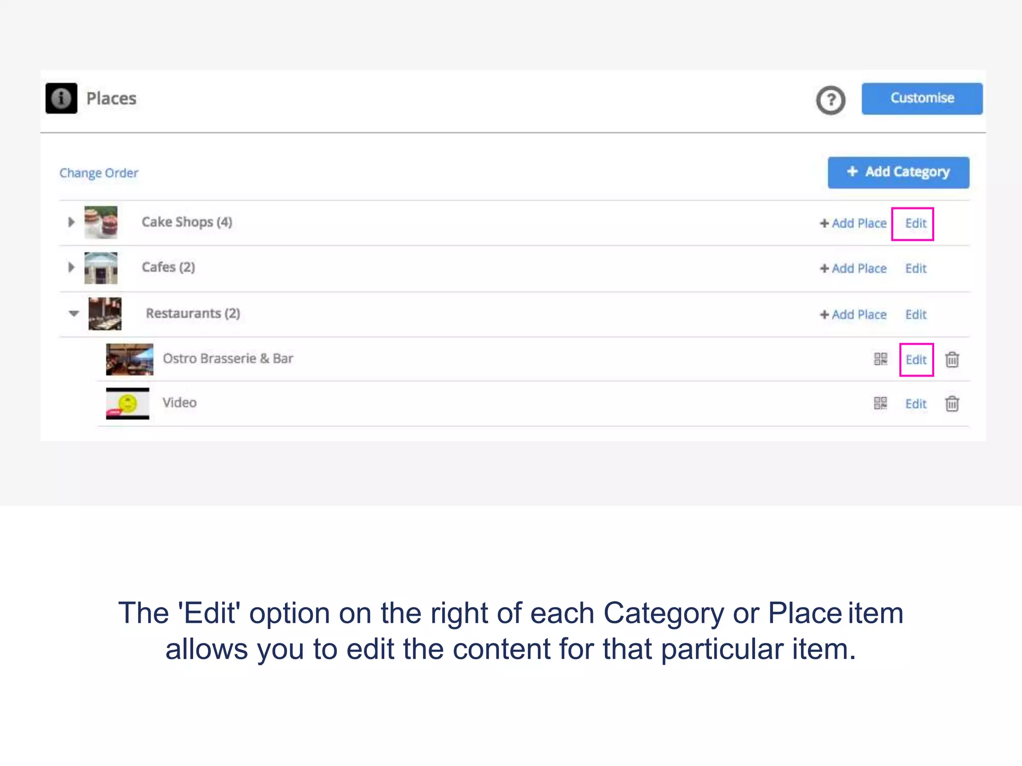 The 'Edit' option on the right of each Category or Place item
allows you to edit the content for that particular item.
 