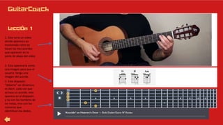 1. Este sería un video
donde aparezco yo
mostrando como se
tocan los tres acordes
que aparecen en la
parte de abajo del video
2. Esto aparecería como
una imagen para que el
usuario tenga una
imagen del acorde.
3. Este diapasón
“debería” ser dinámico,
es decir, cada vez que
se toca un acorde, este
aparece en el diapasón
y no con los nombres de
las notas, sino con los
números que
identifican los dedos.
 