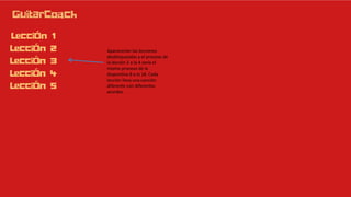 Aparecerían las lecciones
desbloqueadas y el proceso de
la lección 2 a la 4 sería el
mismo proceso de la
diapositiva 8 a la 18. Cada
lección lleva una canción
diferente con diferentes
acordes.
 