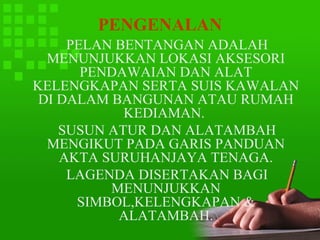 PENGENALAN
     PELAN BENTANGAN ADALAH
  MENUNJUKKAN LOKASI AKSESORI
       PENDAWAIAN DAN ALAT
KELENGKAPAN SERTA SUIS KAWALAN
 DI DALAM BANGUNAN ATAU RUMAH
            KEDIAMAN.
    SUSUN ATUR DAN ALATAMBAH
  MENGIKUT PADA GARIS PANDUAN
    AKTA SURUHANJAYA TENAGA.
     LAGENDA DISERTAKAN BAGI
          MENUNJUKKAN
      SIMBOL,KELENGKAPAN &
           ALATAMBAH.
 