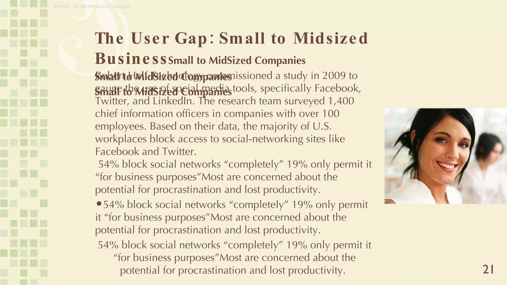 The User Gap: Small to Midsized Business Small to MidSized Companies Small to MidSized Companies Small to MidSized Companies 21 Robert Half Technology commissioned a study in 2009 to gauge the use of social media tools, specifically Facebook, Twitter, and LinkedIn. The research team surveyed 1,400 chief information officers in companies with over 100 employees. Based on their data, the majority of U.S. workplaces block access to social-networking sites like Facebook and Twitter.  54% block social networks “completely” 19% only permit it “for business purposes”Most are concerned about the potential for procrastination and lost productivity.  54% block social networks “completely” 19% only permit it “for business purposes”Most are concerned about the potential for procrastination and lost productivity.  54% block social networks “completely” 19% only permit it “for business purposes”Most are concerned about the potential for procrastination and lost productivity.  PROOF - AFTER MIDNIGHT DESIGN 