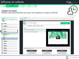 Diffusion et collecte


                    
 Créer   
         Diffuser   Collecter   Traiter   Analyser   Rapport


 [Gagner du temps]
 Module web QuestionData.com pour vos enquêtes en ligne en illimité




[                         ]
 