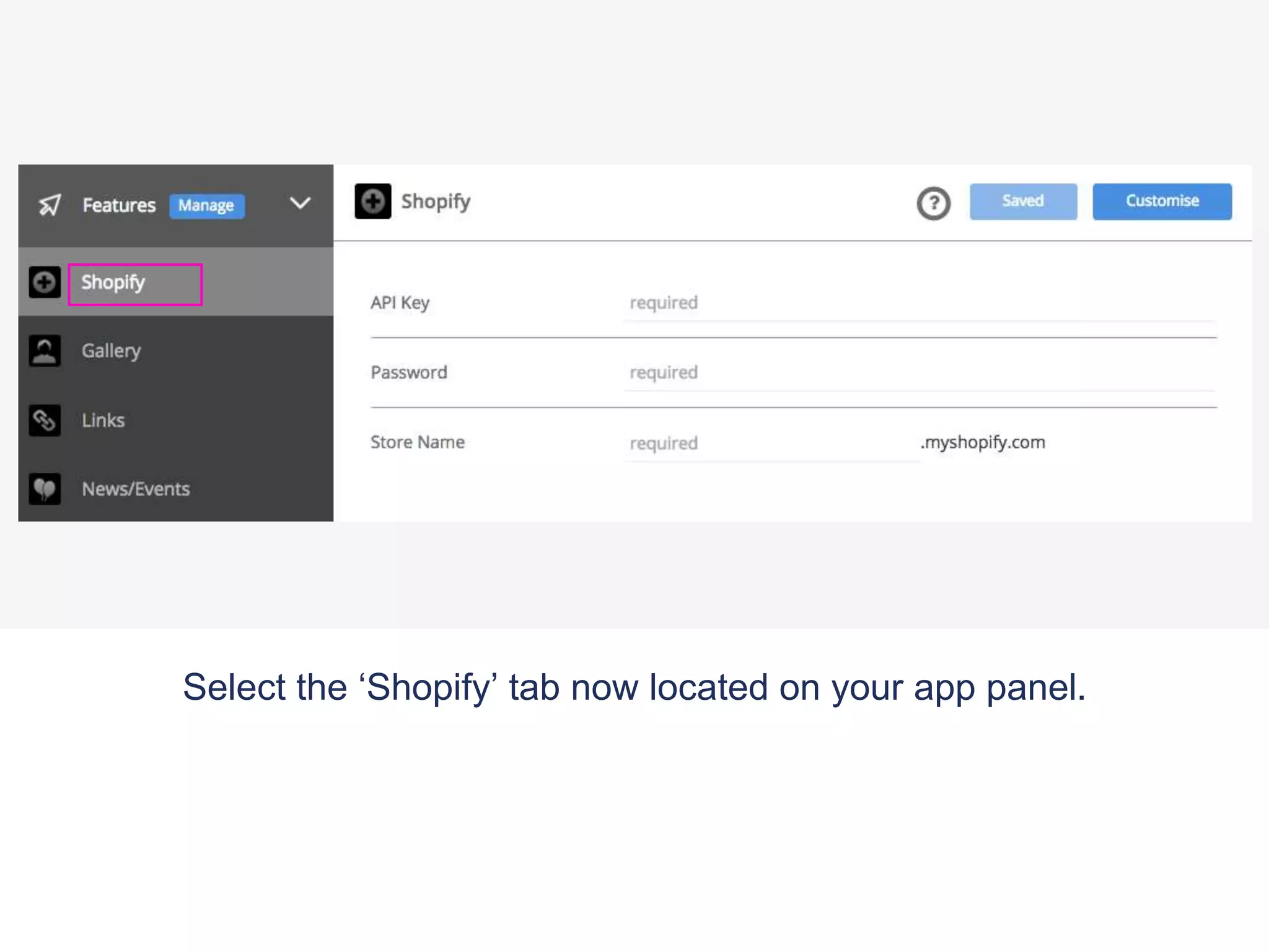 Select the ‘Shopify’ tab now located on your app panel.
 