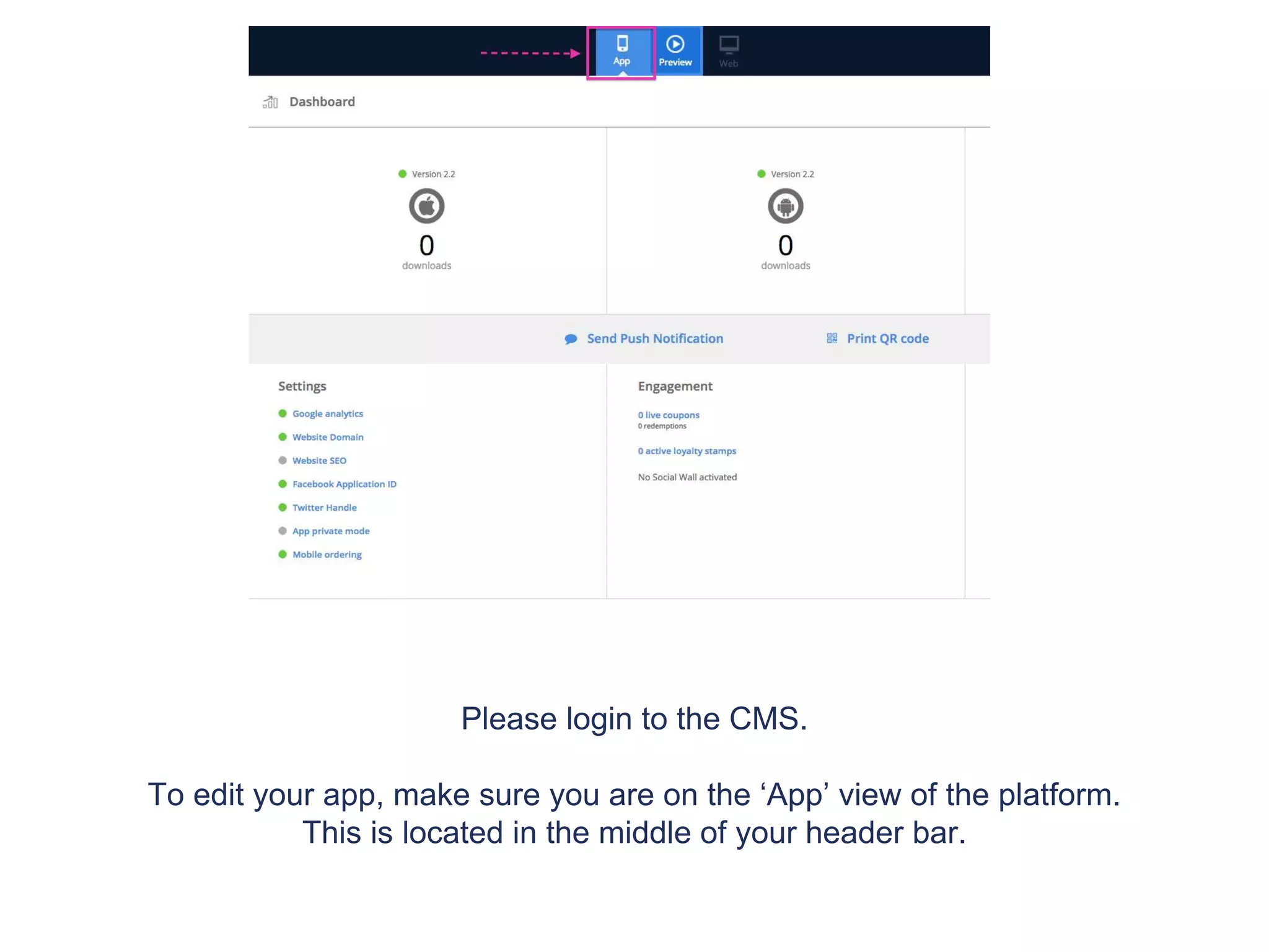 Please login to the CMS.
To edit your app, make sure you are on the ‘App’ view of the platform.
This is located in the middle of your header bar.
 