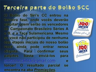 Terceira parte do Bolão SCCO Bolão do Siri’s CC entrou na terceira fase, onde vocês deverão palpitar quem serão os vencedores do Campeonato Brasileiro Séries A e B, e a Taça Sulamericana. Mesmo se você não participou de nenhuma das etapas iniciais do nosso bolão você ainda pode entrar nessa disputa. Para confirmar seus palpites basta enviá-los para siriscomcaibra@gmail.com e torcer! O resultado parcial se encontra na aba Premiações.
