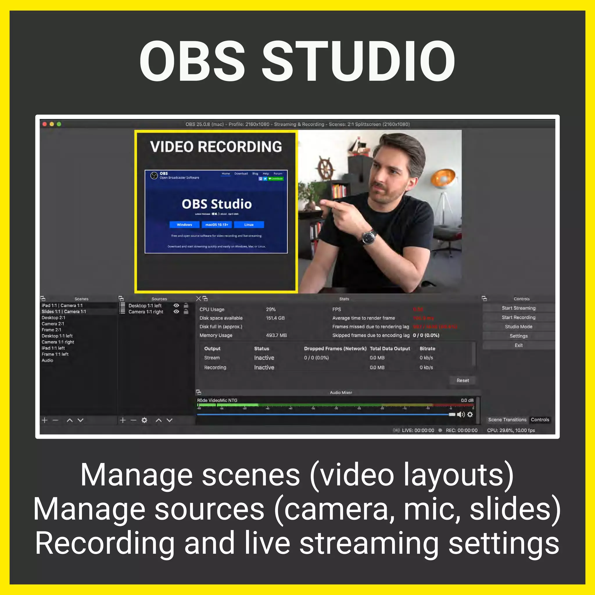 OBS STUDIO
Manage scenes (video layouts)
Manage sources (camera, mic, slides)
Recording and live streaming settings
 