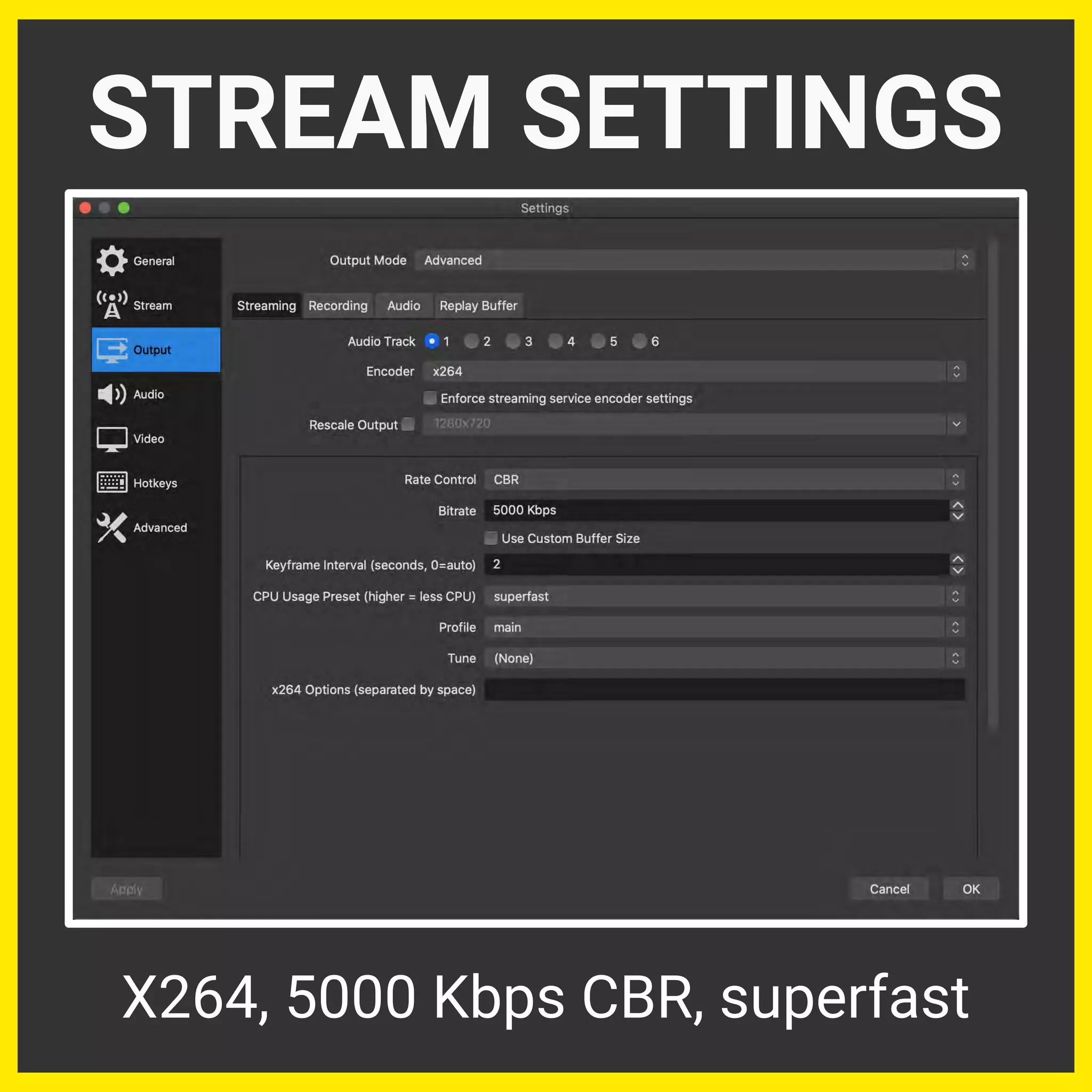 STREAM SETTINGS
X264, 5000 Kbps CBR, superfast
 
