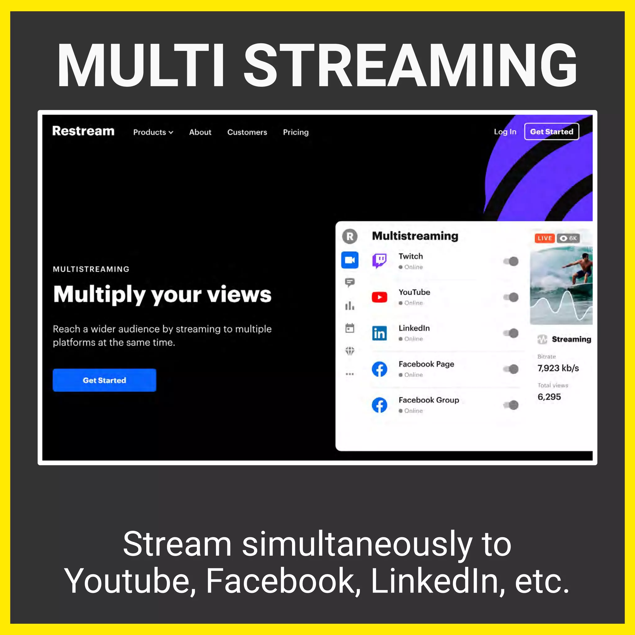MULTI STREAMING
Stream simultaneously to
Youtube, Facebook, LinkedIn, etc.
 