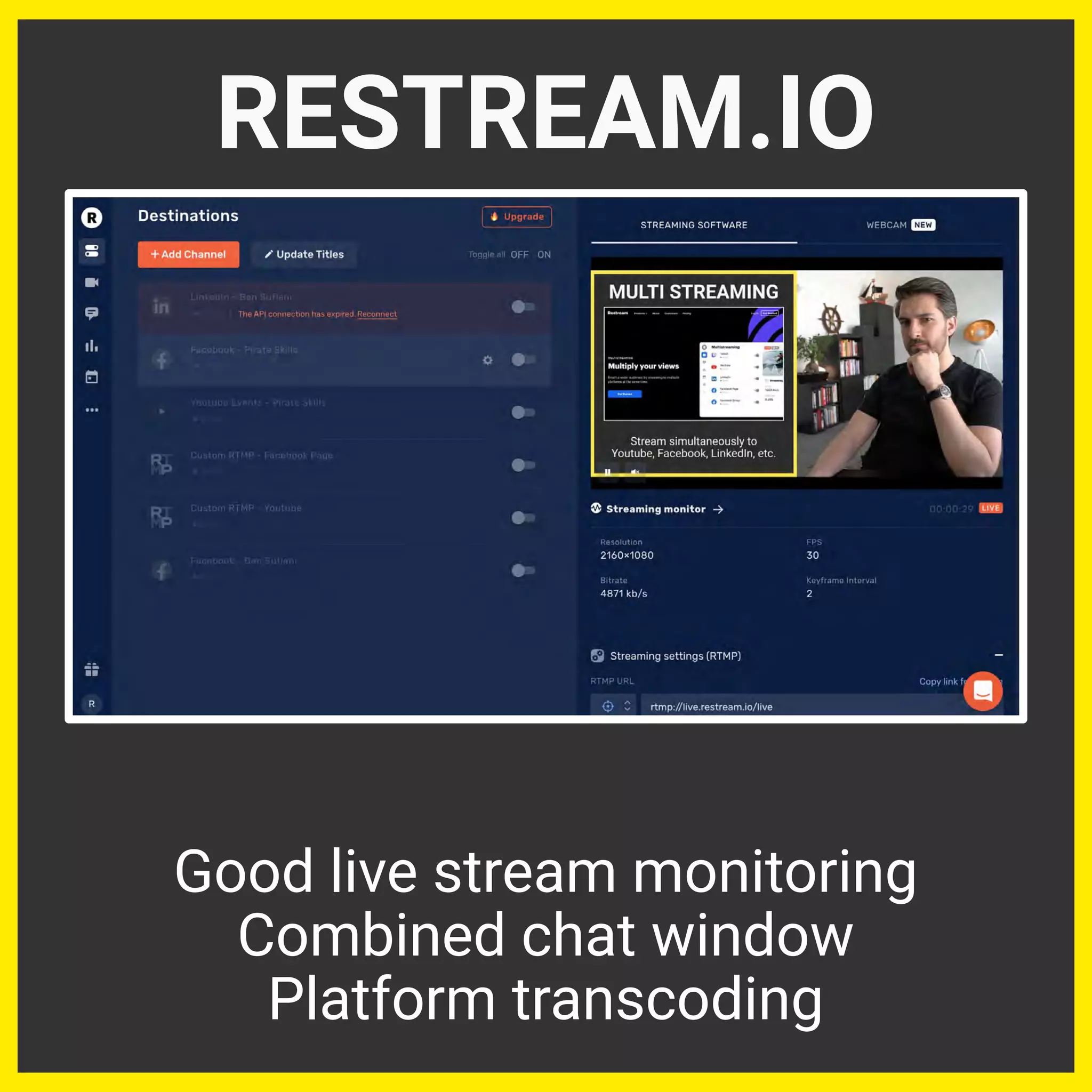RESTREAM.IO
Good live stream monitoring
Combined chat window
Platform transcoding
 