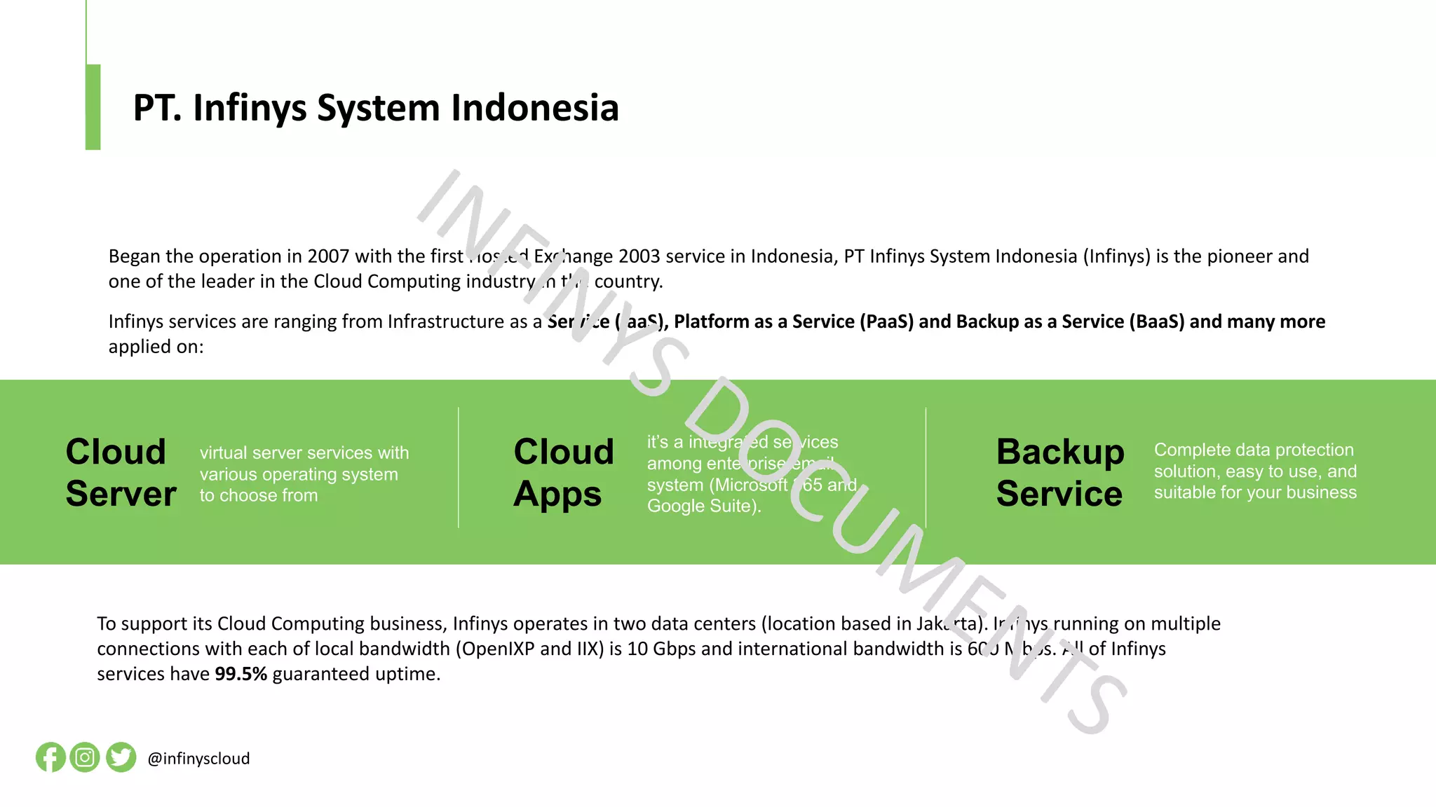 Began the operation in 2007 with the first Hosted Exchange 2003 service in Indonesia, PT Infinys System Indonesia (Infinys) is the pioneer and
one of the leader in the Cloud Computing industry in the country.
Infinys services are ranging from Infrastructure as a Service (IaaS), Platform as a Service (PaaS) and Backup as a Service (BaaS) and many more
applied on:
To support its Cloud Computing business, Infinys operates in two data centers (location based in Jakarta). Infinys running on multiple
connections with each of local bandwidth (OpenIXP and IIX) is 10 Gbps and international bandwidth is 600 Mbps. All of Infinys
services have 99.5% guaranteed uptime.
Cloud
Server
virtual server services with
various operating system
to choose from
Cloud
Apps
it’s a integrated services
among enterprise email
system (Microsoft 365 and
Google Suite).
Backup
Service
Complete data protection
solution, easy to use, and
suitable for your business
PT. Infinys System Indonesia
@infinyscloud
 