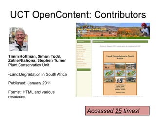 UCT OpenContent: Contributors Laurel Baldwin-Ragaven and Leslie LondonSchool of Public Health and Family Medicine Training Trainers for Health andHuman RightsPublished: April 14, 2009Accessed 288 times!