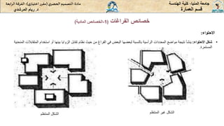 ‫المنيا‬ ‫جامعة‬
-
‫الهندسة‬ ‫كلية‬
‫مادة‬
:
‫ي‬‫الحضر‬‫التصميم‬
(
‫ي‬‫اختيار‬ ‫ر‬‫مقر‬
)
-
‫الرا‬ ‫الفرقة‬
‫بعة‬
‫د‬
.
‫ريام‬
‫المرشدي‬ ‫العمارة‬ ‫قسم‬
‫االحتواء‬
:
•
‫االحتواء‬ ‫شكل‬
:
‫ا‬ ‫استخدام‬ ‫أو‬ ‫بينها‬ ‫الزوايا‬ ‫تقابل‬ ‫نظام‬ ‫حيث‬ ‫من‬ ‫الفراغ‬ ‫في‬ ‫البعض‬ ‫لبعضها‬ ‫بالنسبة‬ ‫الرأسية‬ ‫المحددات‬ ‫مواضع‬ ‫نتيجة‬ ‫ينشأ‬
‫المنحنية‬ ‫لمتقابالت‬
‫المستمرة‬
.
‫المنتظم‬ ‫الشكل‬ ‫المنتظم‬ ‫غير‬ ‫الشكل‬
‫الفراغات‬ ‫خصائص‬
(
1
-
‫المادية‬ ‫الخصائص‬
)
 