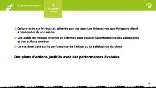 3. Les clés du succès       4
                         LA CULTURE
                           DU R.O.I




 Culture axée sur le résultat, générée par des agences interactives que Polygone étend
 à l’ensemble de son métier
 Des outils de mesure internes et externes pour évaluer la performance des campagnes
 et des actions menées
 Un système basé sur la performance de l’action ou la satisfaction du client


Des plans d’actions justiﬁés avec des performances évaluées




                                                                                         19
 