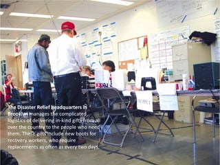 The Disaster Relief headquarters in Brooklyn manages the complicated logistics of delivering in-kind gifts from all over the country to the people who need them. These gifts include new boots for recovery workers, who require replacements as often as every two days.