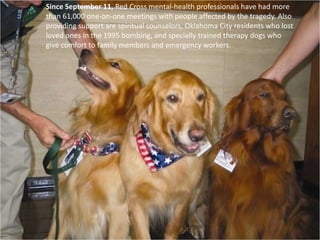 Since September 11, Red Cross mental-health professionals have had more than 61,000 one-on-one meetings with people affected by the tragedy. Also providing support are spiritual counselors, Oklahoma City residents who lost loved ones in the 1995 bombing, and specially trained therapy dogs who give comfort to family members and emergency workers. 