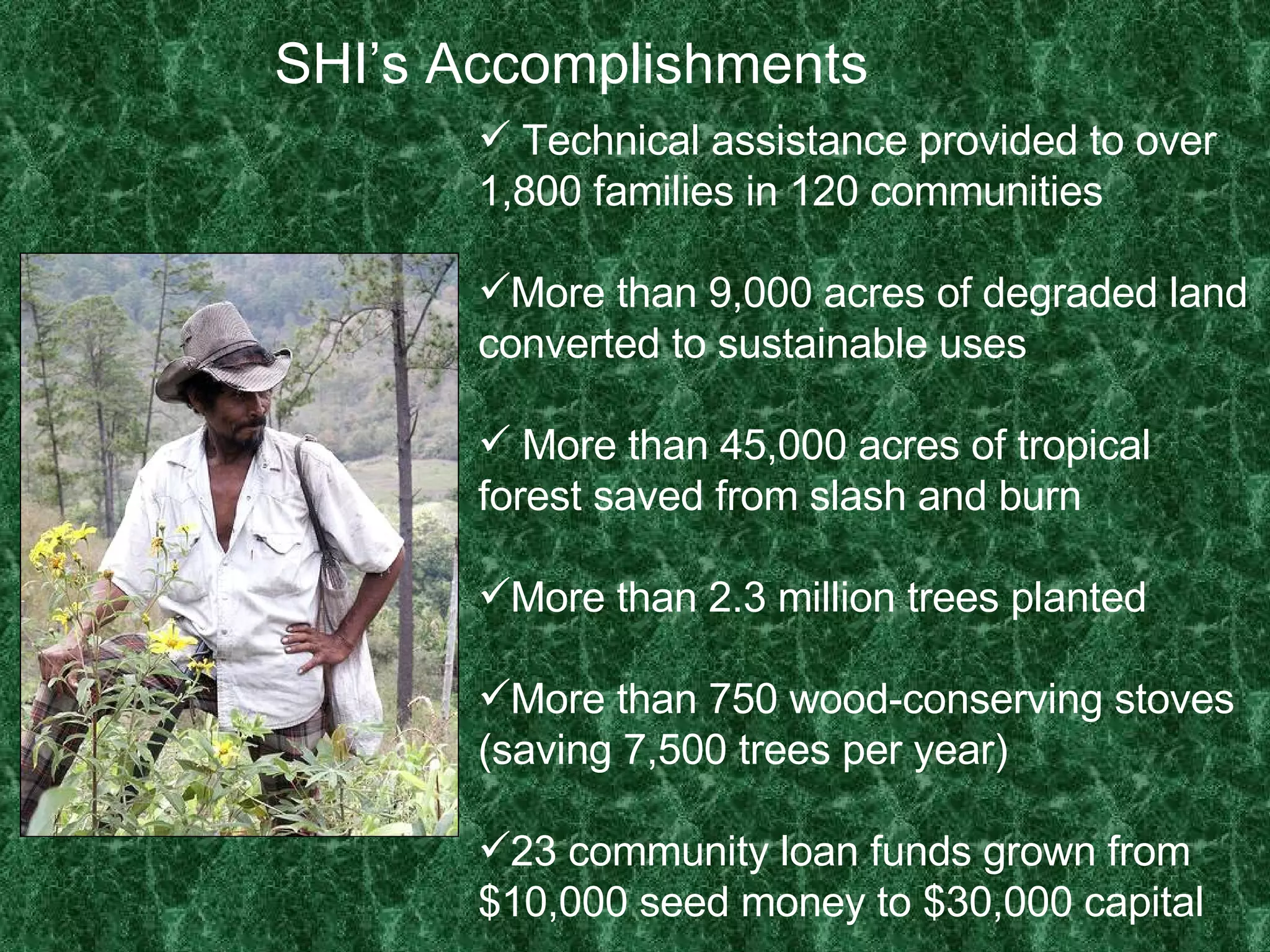 SHI’s Accomplishments Technical assistance provided to over 1,800 families in 120 communities More than 9,000 acres of degraded land converted to sustainable uses More than 45,000 acres of tropical forest saved from slash and burn More than 2.3 million trees planted More than 750 wood-conserving stoves (saving 7,500 trees per year) 23 community loan funds grown from $10,000 seed money to $30,000 capital 