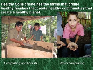 Healthy Soils create healthy farms that create healthy families that create healthy communities that create a healthy planet. Composting and bocashi Worm composting 