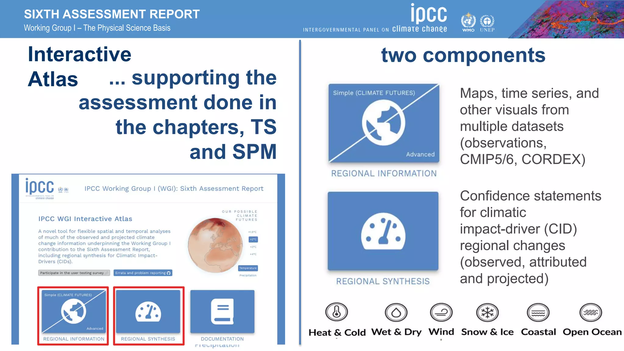 SIXTH ASSESSMENT REPORT
Working Group I – The Physical Science Basis
1
two components
https//interactive-atlas.ipcc.ch/
... supporting the
assessment done in
the chapters, TS
and SPM
Interactive
Atlas
Maps, time series, and
other visuals from
multiple datasets
(observations,
CMIP5/6, CORDEX)
Confidence statements
for climatic
impact-driver (CID)
regional changes
(observed, attributed
and projected)
 