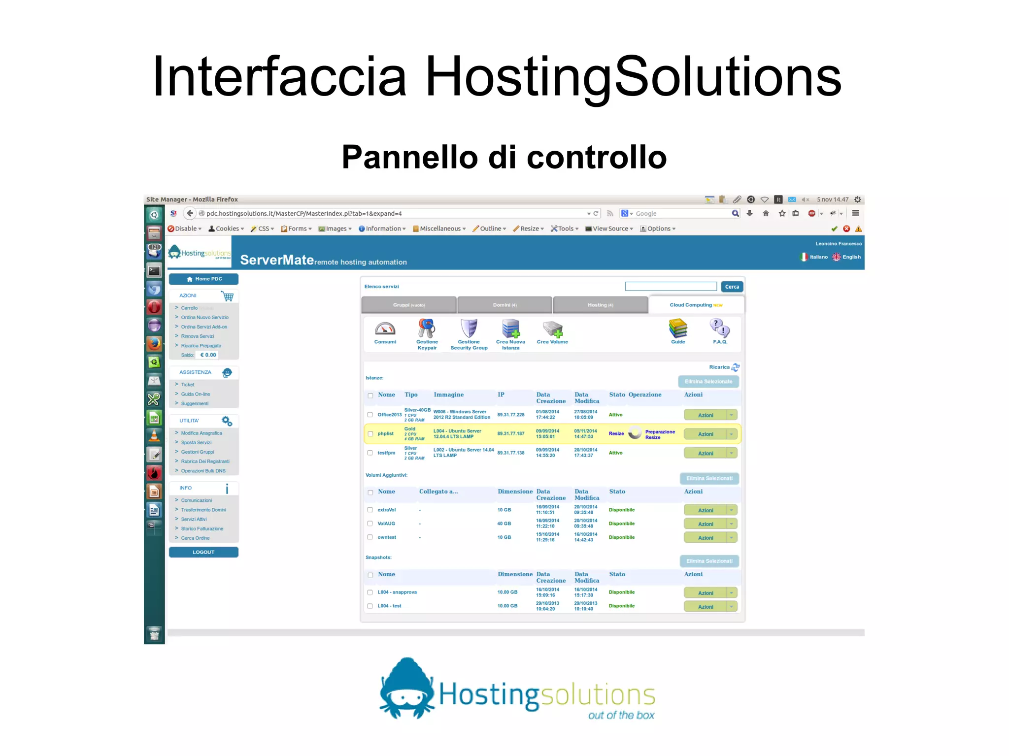 Interfaccia HostingSolutions 
Pannello di controllo 
 