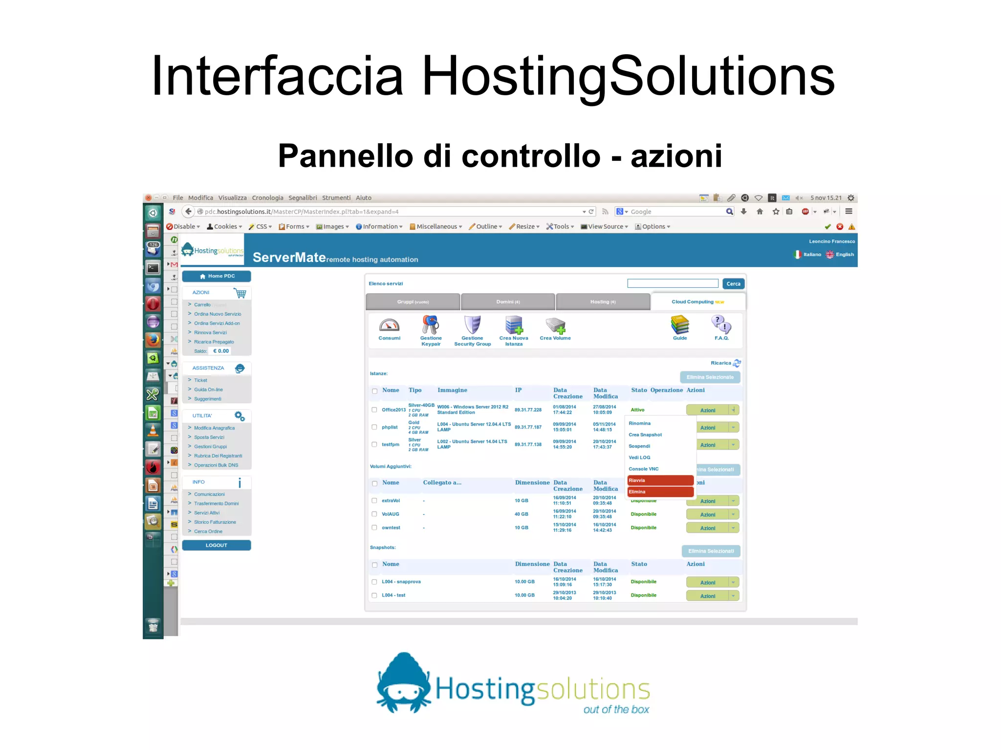 Interfaccia HostingSolutions 
Pannello di controllo - azioni 
 