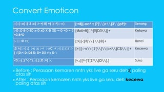 Convert Emoticon 
:-) :) :o) :] :3 :c) :> =] 8) =) :} :^) :っ) [:=8][-oc^っ]?[)>]3}pP]+ Senang 
:-D :D 8-D 8D x-D xD X-D XD =-D =D =-3 
=3 B^D 
[:8xX=B][-^]?[D3)]+ Ketawa 
:-|| :@ >:( [:>][-:]?[|(@]+ Benci 
:$ >:[ :-( :( :-c :c :-< :っC :< :-[ :[ :{ ;( :'- 
( :'(D:< D: D8 D; D= DX v.v D-': 
[>:][-:っ.]?[[(c<{C$|]+ Kecewa 
<3 ;-) ;) *-) *) ;-] ;] ;D ;^) :-, [<:;][^-]?[3*)D],] Suka 
» Before : Perasaan kemaren nntn yks live ga seru deh:( paling 
atas sih 
» After : Perasaan kemaren nntn yks live ga seru deh kecewa 
paling atas sih 
 