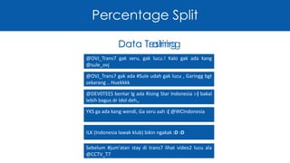 Percentage Split 
Data Testing 
Training 
@OVJ_Trans7 gak seru, gak lucu.! Kalo gak ada kang 
@sule_ovj 
@OVJ_Trans7 gak ada #Sule udah gak lucu , Garingg bgt 
sekarang .. Huekkkk 
@DEV0TEES bentar lg ada Rising Star Indonesia :-) bakal 
lebih bagus dr Idol deh,, 
YKS ga ada kang wendi, Ga seru aah :( @WCIndonesia 
ILK (Indonesia lawak klub) bikin ngakak :D :D 
Sebelum #jum'atan stay di trans7 lihat video2 lucu ala 
@CCTV_T7 
 