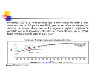 Fernandes (2007b, p. 4-5) sustenta que a meta maior do IDEB é mais
ambiciosa que os 6,0 pontos em 2021, pois ao se referir ao esforço dos
sistemas de ensino, afirma que se for seguida a logística projetada “é
garantido que a desigualdade entre eles se reduza até que, em λ (2096),
todos tenham o mesmo valor de IDEB (9,9)”.
Gráfico 1 Comportamento Esperado do IDEB
Fonte: INEP/MEC (2010)
 