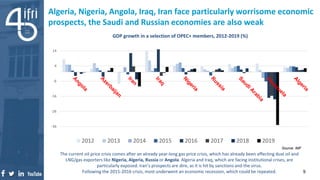 Algeria, Nigeria, Angola, Iraq, Iran face particularly worrisome economic
prospects, the Saudi and Russian economies are also weak
GDP growth in a selection of OPEC+ members, 2012-2019 (%)
The current oil price crisis comes after an already year-long gas price crisis, which has already been affecting dual oil and
LNG/gas exporters like Nigeria, Algeria, Russia or Angola. Algeria and Iraq, which are facing institutional crises, are
particularly exposed. Iran’s prospects are dire, as it is hit by sanctions and the virus.
Following the 2015-2016 crisis, most underwent an economic recession, which could be repeated.
Source: IMF
9
-36
-26
-16
-6
4
14
2012 2013 2014 2015 2016 2017 2018 2019
Source: IMF
 