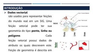 INTRODUÇÃO
 Dados vectorial
são usados para representar feições
do mundo real em um SIG. Uma
feição vetorial pode ter sua
geometria do tipo ponto, linha ou
polígono. Cada
feição vetorial possui dados de
atributo os quais descrevem este.
Feição de geometria é descrita em
 