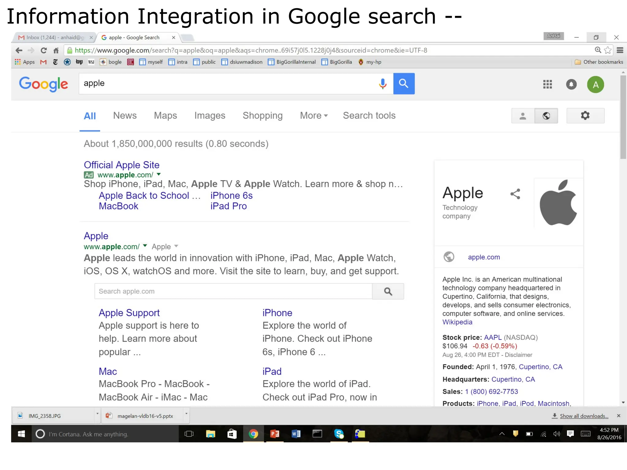 Building Data Driven Artifacts
Information Integration in Google search --
 