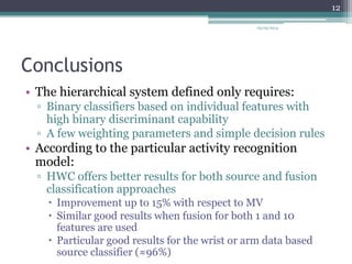 Conclusions
• The hierarchical system defined only requires:
▫ Binary classifiers based on individual features with
high b...