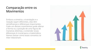 Comparação entre os
Movimentos
Embora a simetria, a translação e a
rotação sejam diferentes, elas têm
semelhanças e diferenças importantes.
Cada um desses movimentos pode alterar
a forma ou a posição de uma figura de
maneiras distintas, e entender essas
diferenças é crucial para a matemática.
Vamos revisar como esses conceitos se
inter-relacionam.
 