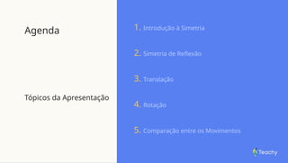Agenda
Tópicos da Apresentação
1. Introdução à Simetria
2. Simetria de Reflexão
3. Translação
4. Rotação
5. Comparação entre os Movimentos
 