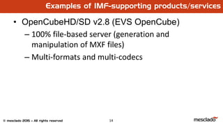 14© mesclado 2015 – All rights reserved
• OpenCubeHD/SD v2.8 (EVS OpenCube)
– 100% file-based server (generation and
manipulation of MXF files)
– Multi-formats and multi-codecs
Examples of IMF-supporting products/services
 