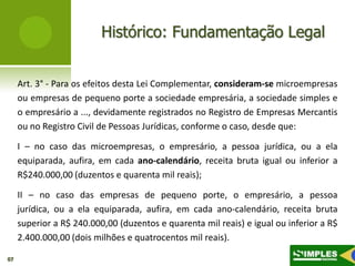 Histórico: Fundamentação Legal


     Art. 3° - Para os efeitos desta Lei Complementar, consideram-se microempresas
     ou empresas de pequeno porte a sociedade empresária, a sociedade simples e
     o empresário a ..., devidamente registrados no Registro de Empresas Mercantis
     ou no Registro Civil de Pessoas Jurídicas, conforme o caso, desde que:

     I – no caso das microempresas, o empresário, a pessoa jurídica, ou a ela
     equiparada, aufira, em cada ano-calendário, receita bruta igual ou inferior a
     R$240.000,00 (duzentos e quarenta mil reais);

     II – no caso das empresas de pequeno porte, o empresário, a pessoa
     jurídica, ou a ela equiparada, aufira, em cada ano-calendário, receita bruta
     superior a R$ 240.000,00 (duzentos e quarenta mil reais) e igual ou inferior a R$
     2.400.000,00 (dois milhões e quatrocentos mil reais).

07
 