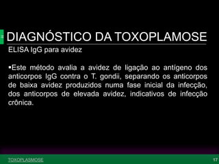 DIAGNÓSTICO DA TOXOPLAMOSE
17
ELISA IgG para avidez
Este método avalia a avidez de ligação ao antígeno dos
anticorpos IgG contra o T. gondii, separando os anticorpos
de baixa avidez produzidos numa fase inicial da infecção,
dos anticorpos de elevada avidez, indicativos de infecção
crônica.
TOXOPLASMOSE
 