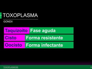TOXOPLASMA
GONDII
3
Taquizoíto
Cisto
Oocisto
Fase aguda
Forma resistente
Forma infectante
TOXOPLASMOSE
 