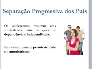 Separação Progressiva dos Pais
Os adolescentes mostram uma
ambivalência entre situações de
dependência e independência.
Pais variam entre a permissividade
e o autoritarismo.
 