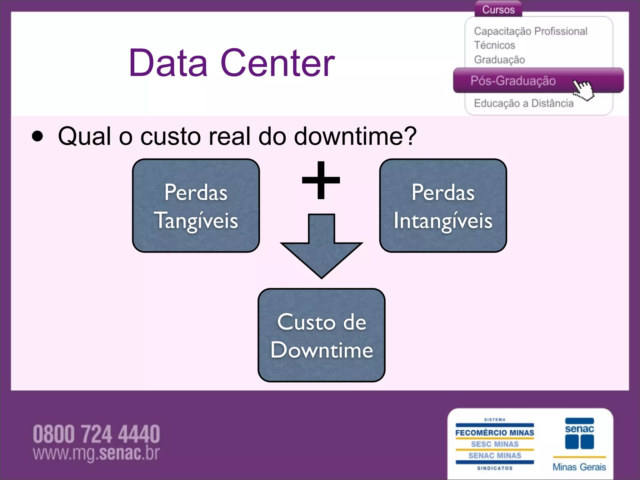 Data Center
• Qual o custo real do downtime?
           Perdas
          Tangíveis
                        +          Perdas
                                 Intangíveis



                      Custo de
                      Downtime
 