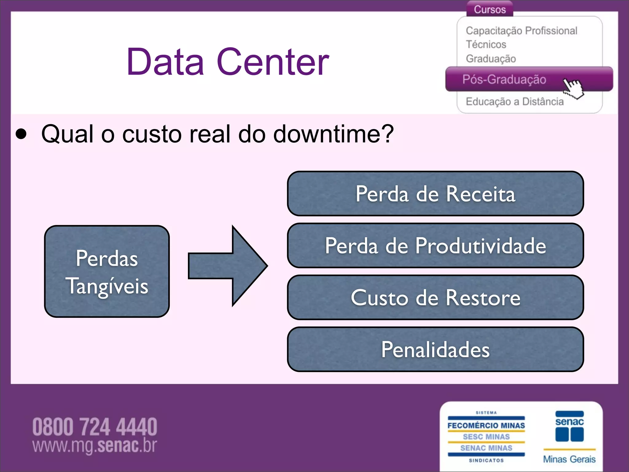 Data Center
• Qual o custo real do downtime?
                             Perda de Receita

                          Perda de Produtividade
     Perdas
    Tangíveis               Custo de Restore

                               Penalidades
 
