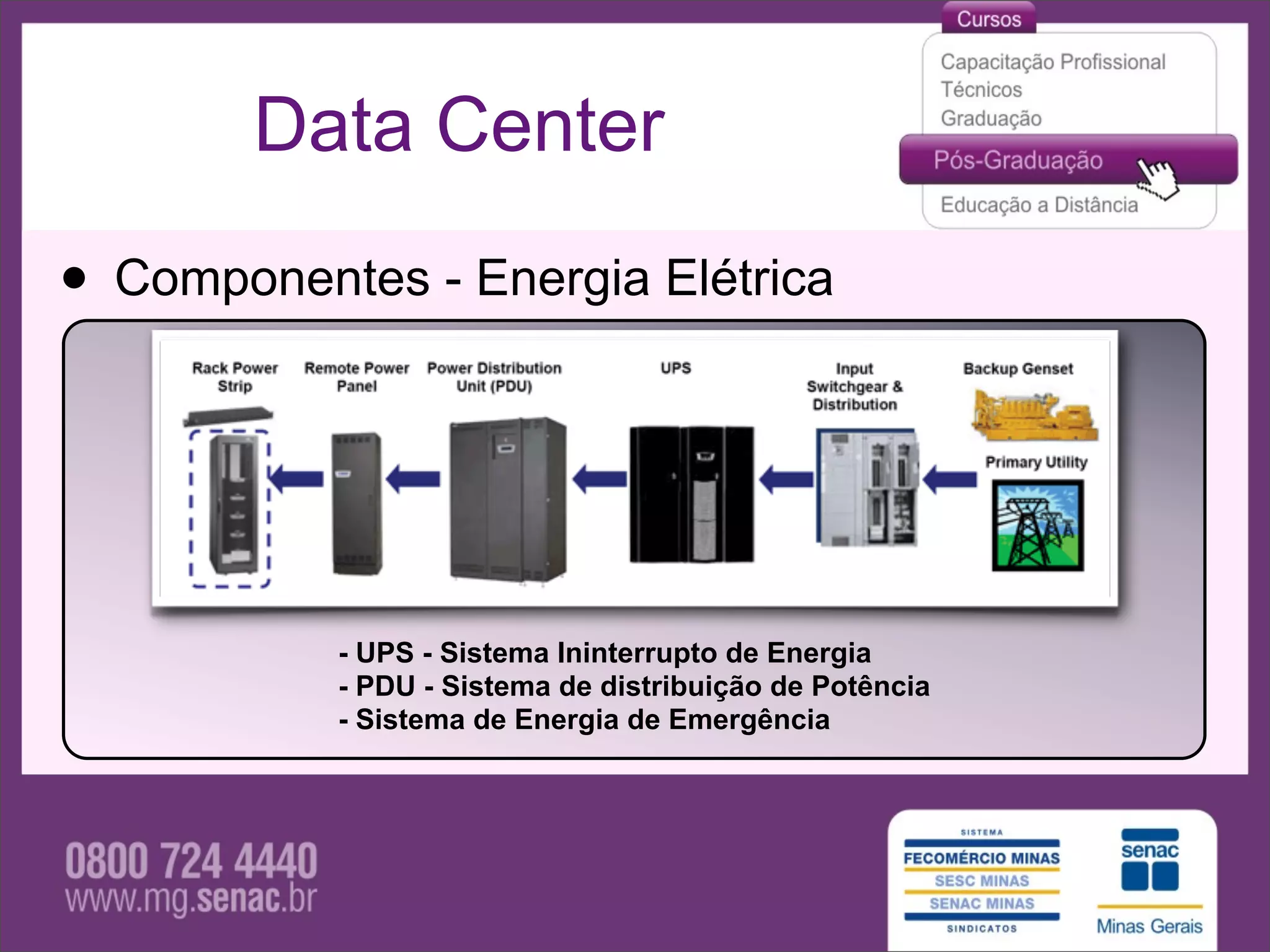 Data Center

• Componentes - Energia Elétrica



           - UPS - Sistema Ininterrupto de Energia
           - PDU - Sistema de distribuição de Potência
           - Sistema de Energia de Emergência
 
