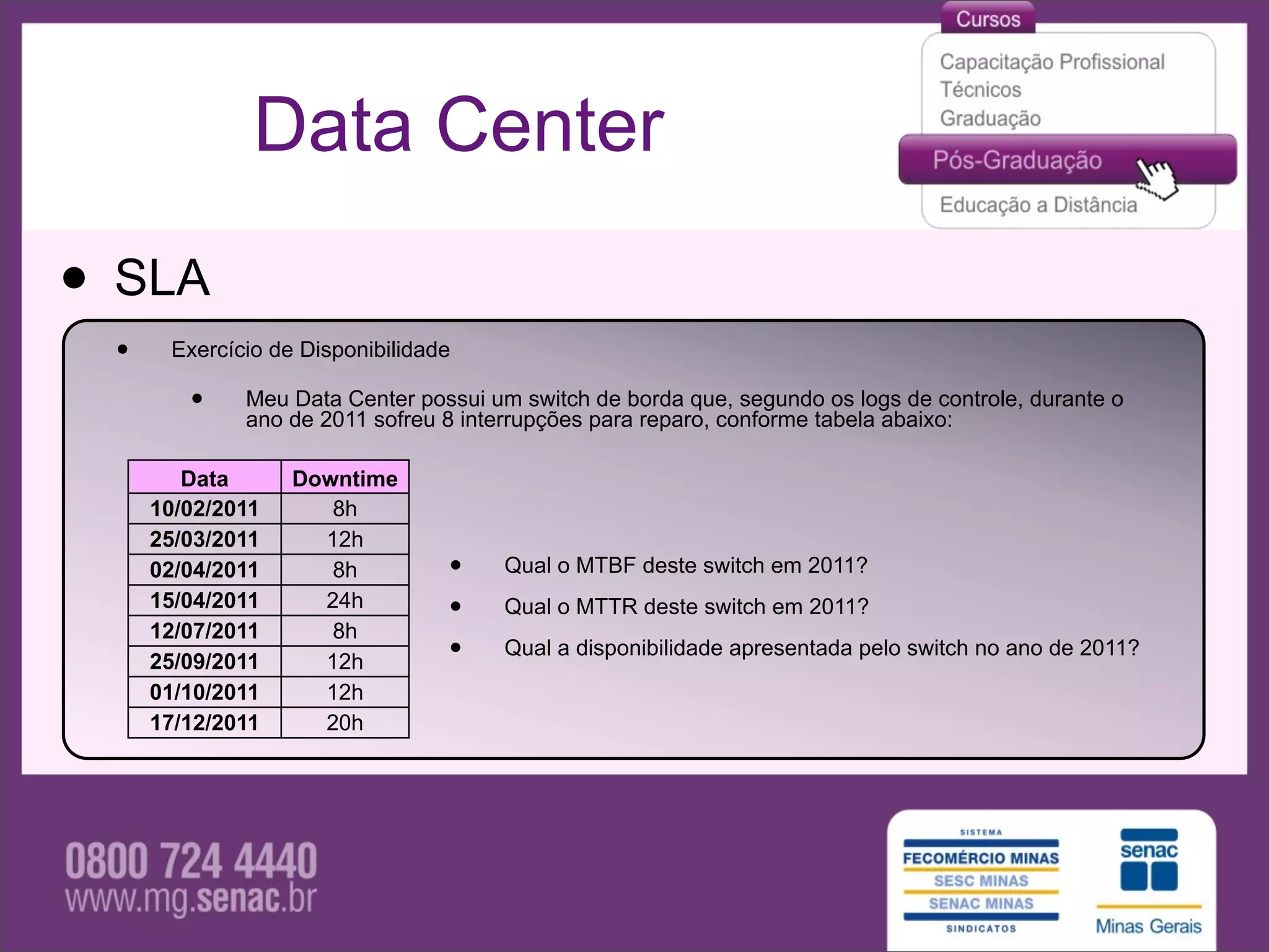 Data Center

• SLA
 •    Exercício de Disponibilidade

        •    Meu Data Center possui um switch de borda que, segundo os logs de controle, durante o
             ano de 2011 sofreu 8 interrupções para reparo, conforme tabela abaixo:

        Data      Downtime
     10/02/2011      8h
     25/03/2011     12h
     02/04/2011      8h          •    Qual o MTBF deste switch em 2011?
     15/04/2011     24h
                                 •    Qual o MTTR deste switch em 2011?
     12/07/2011      8h
     25/09/2011     12h          •    Qual a disponibilidade apresentada pelo switch no ano de 2011?
     01/10/2011     12h
     17/12/2011     20h
 