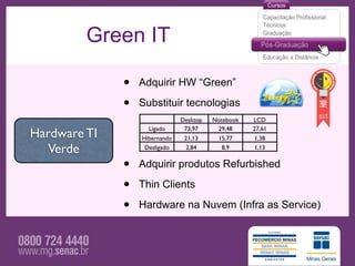 Green IT

              •   Adquirir HW “Green”

              •   Substituir tecnologias
                               Desktop   Notebook   LCD
                    Ligado      73,97     29,48     27,61
Hardware TI       Hibernando    21,13     15,77     1,38

   Verde           Desligado     2,84      8,9      1,13


              •   Adquirir produtos Refurbished

              •   Thin Clients

              •   Hardware na Nuvem (Infra as Service)
 